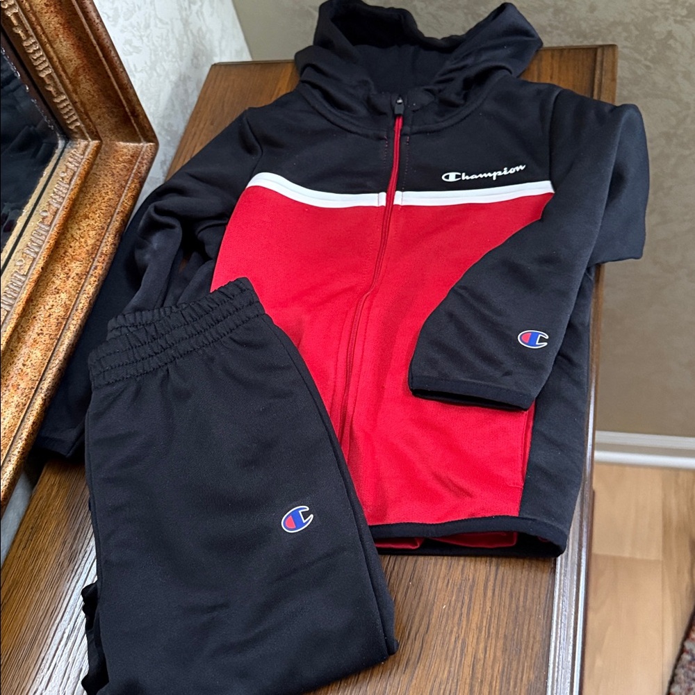 Champion Black and Red 3 piece Athletic Set. Size 3T. Pants, jacket and t-shirt.
